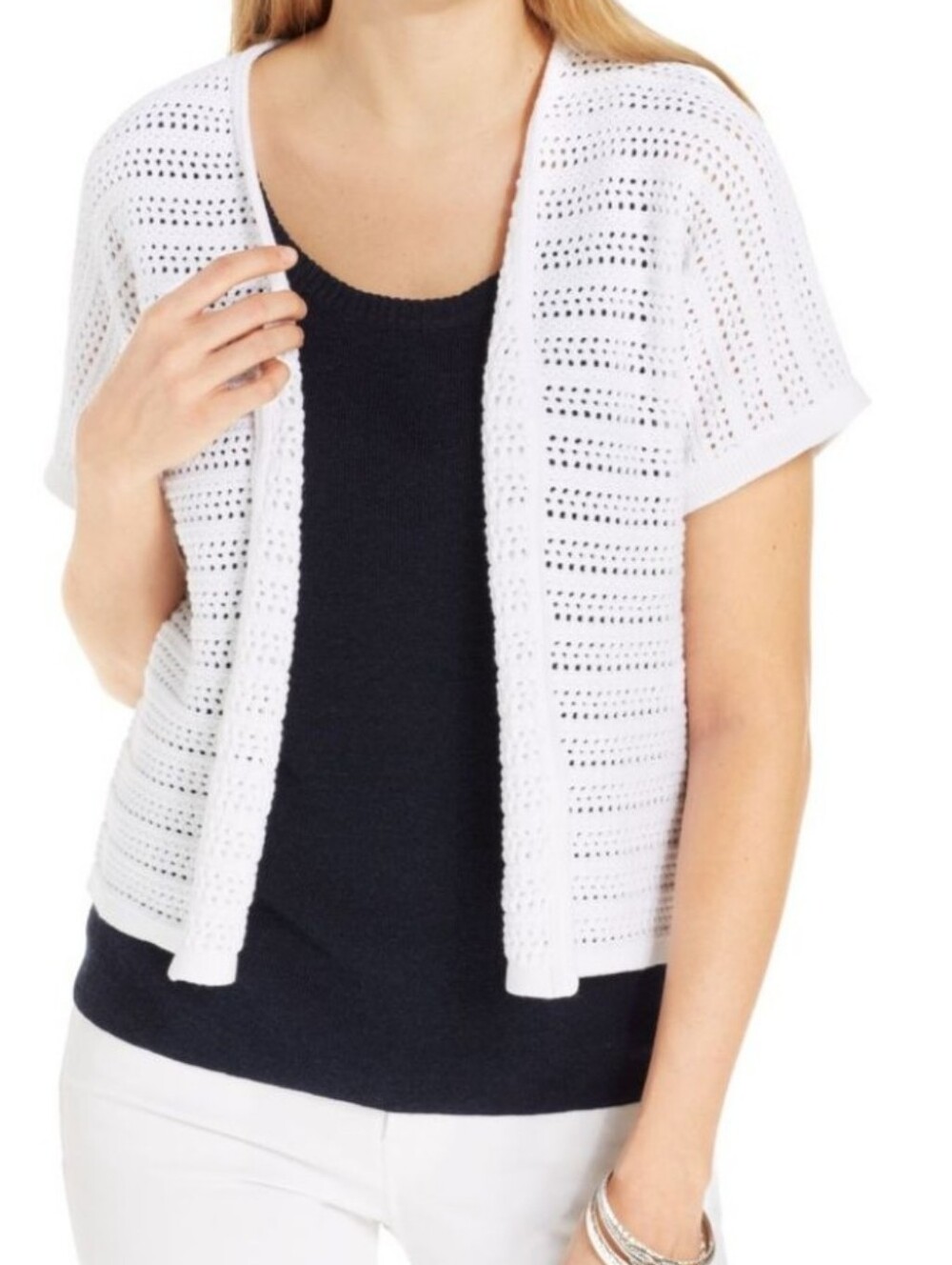 New Directions crocheted white summer cap sleeve cardigan open front PM🌻🌻
